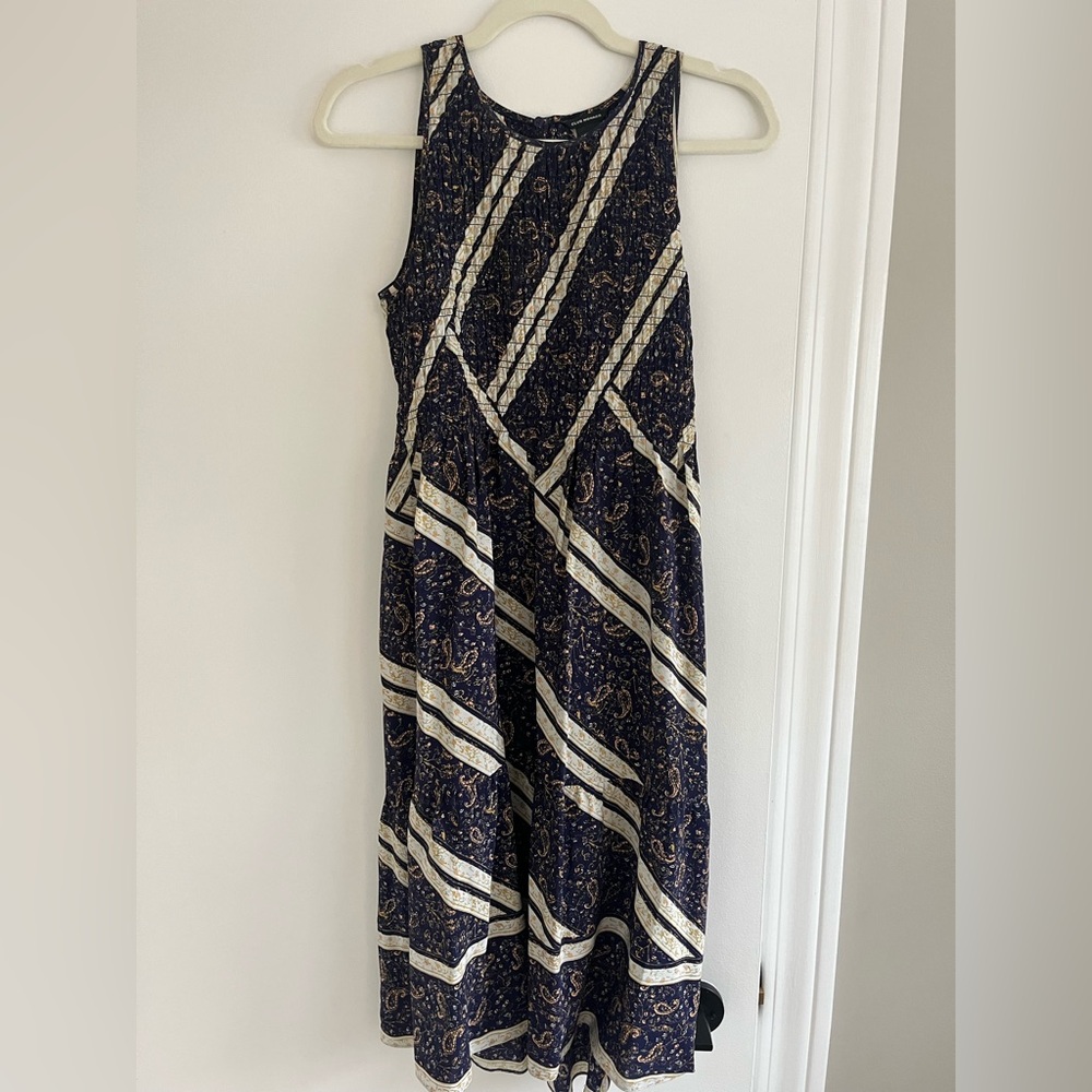 Club Monaco Patterned Navy and Cream Silk Midi Dress